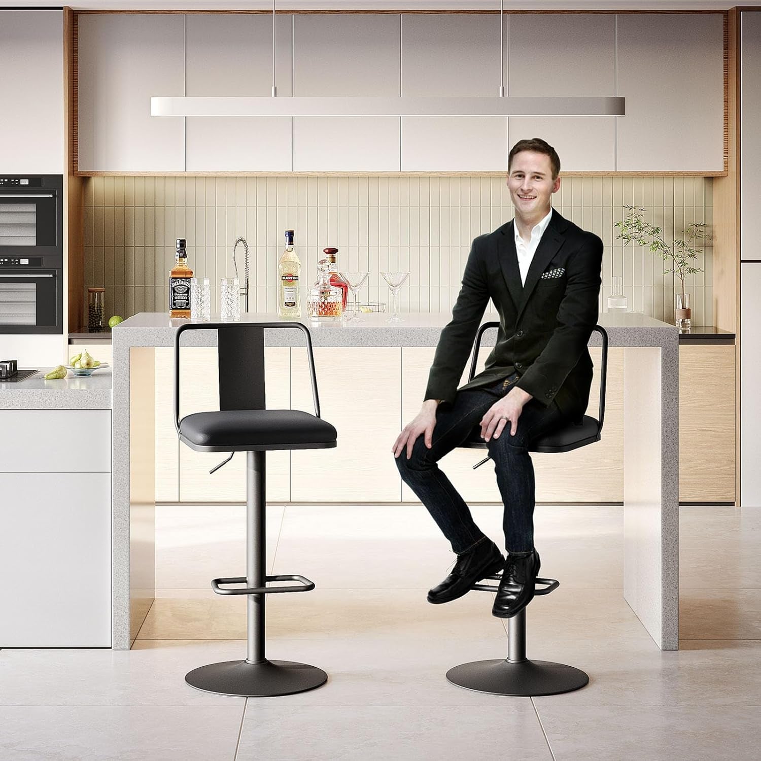 Metal Swivel Barstools Set of 2, Enlarged PU Leather Seat with Metal Back, Adjustable from 24" to 33" for Counter Height & Bar Height, Modern Design for Kitchen and Restaurant,Matteblack-1