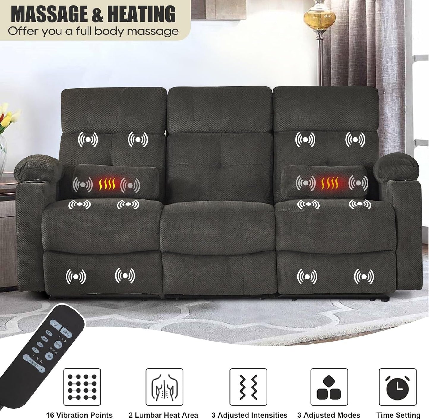 Power Reclining Sofa Set, 2 Pieces Reclining Living Room Set, Power Reclining Sofa and Loceseat Set, Recliner Sofa Set with Massage/Storage/Cup Houlder/Usb Port for Living Room-1