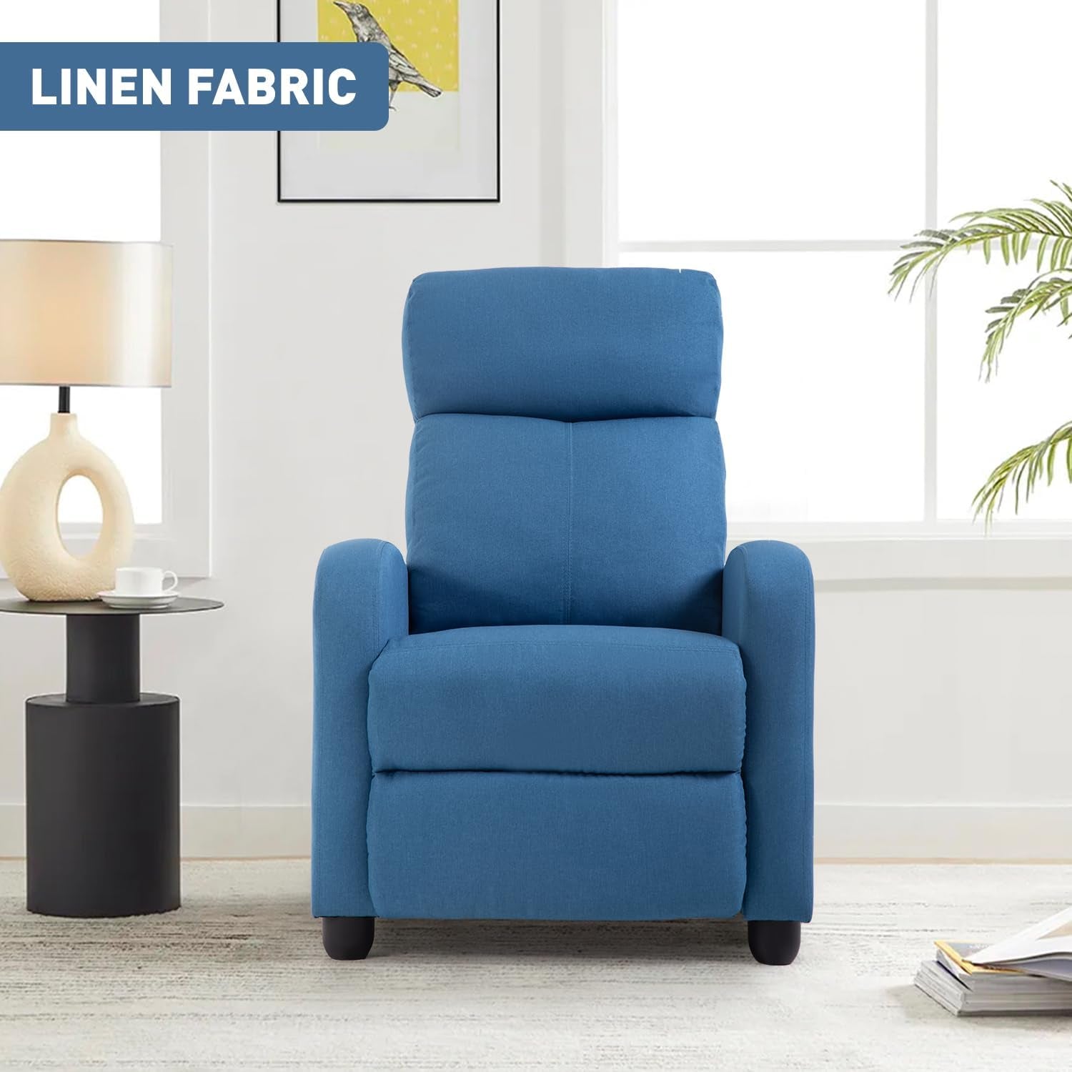 Recliner Chair Single Reclining Sofa Home Theater Seating with Lumbar Support and Padded Backrest for Living Room and Bedroom (Fabric, Blue)-2