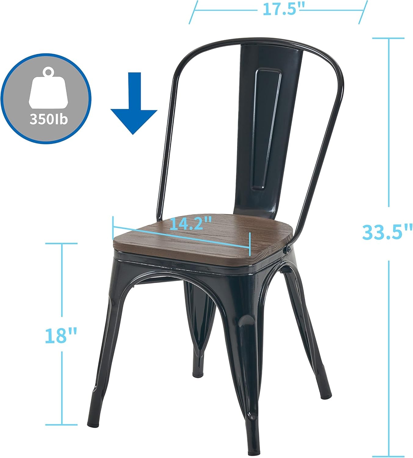 Metal Dining Chair Farmhouse Tolix Style for Kitchen Dining Room Café Restaurant Bistro Patio, 18 Inch, Stackable, Waterproof Indoor/Outdoor (Sets of 4) (Black with Wood Padding)-2