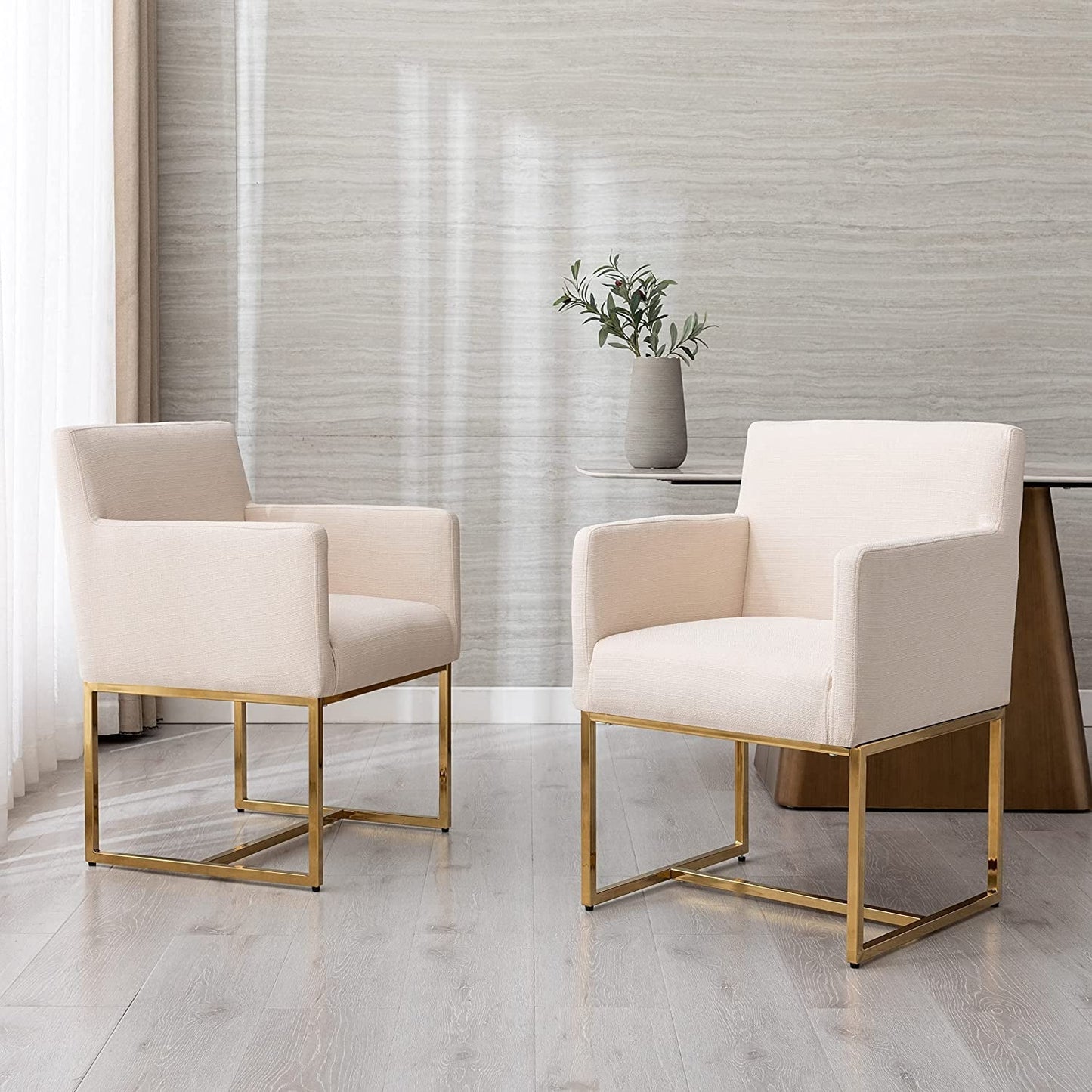 Cream Armrest Upholstered Dining Chairs Set of 4-0