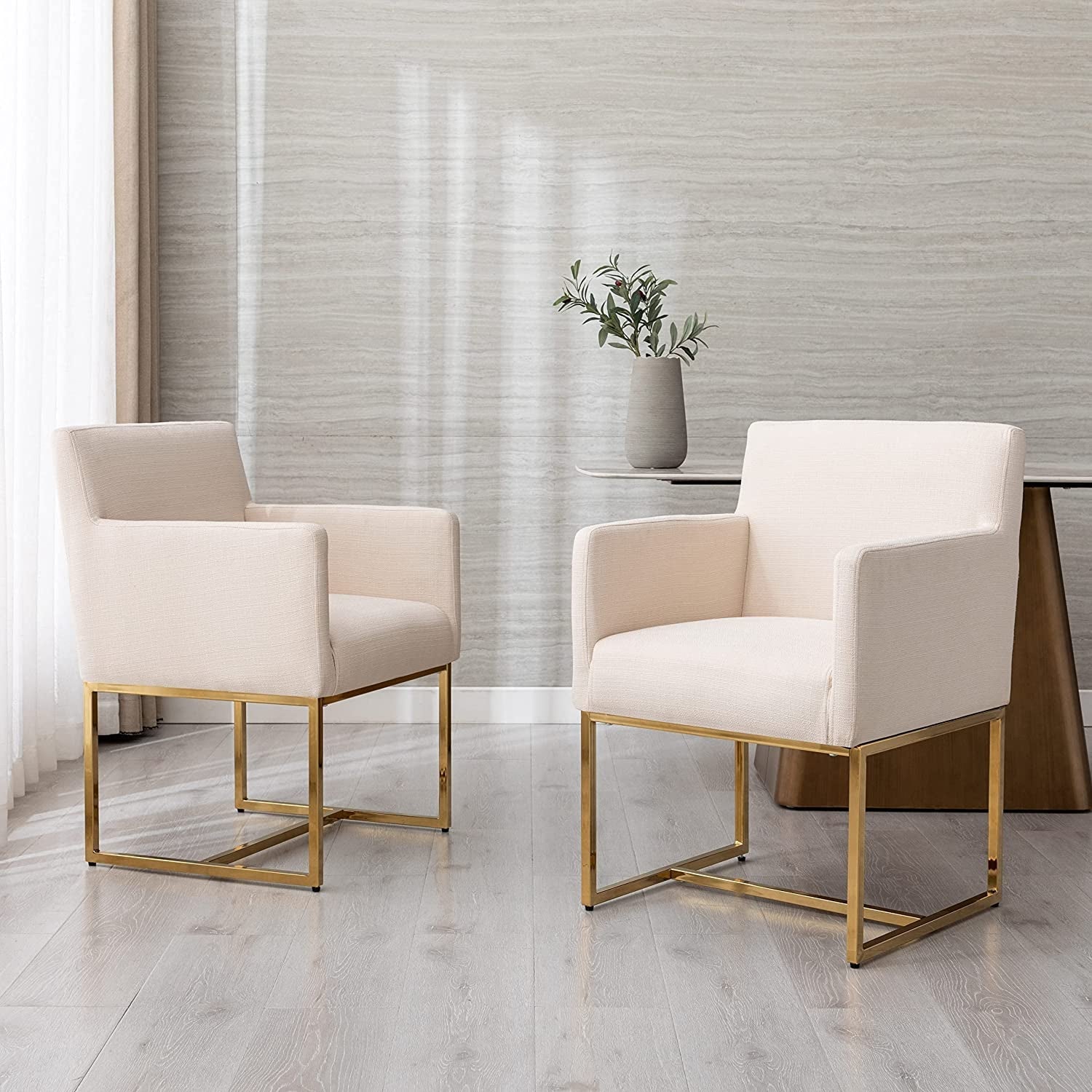 Cream Armrest Upholstered Dining Chairs Set of 4-0