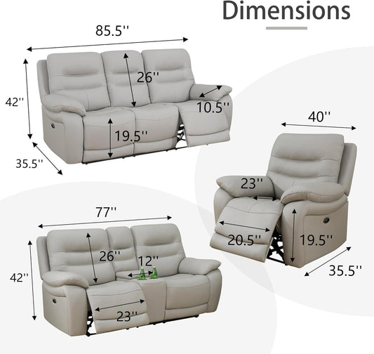 Genuine Leather Recliner Couch Set, Power Reclining Sofa Set 3 Pieces Top Grain Leather Sofa with Built in USB Port for Living Room(Light Grey) (Sofa+Loveseat+Chair)-1
