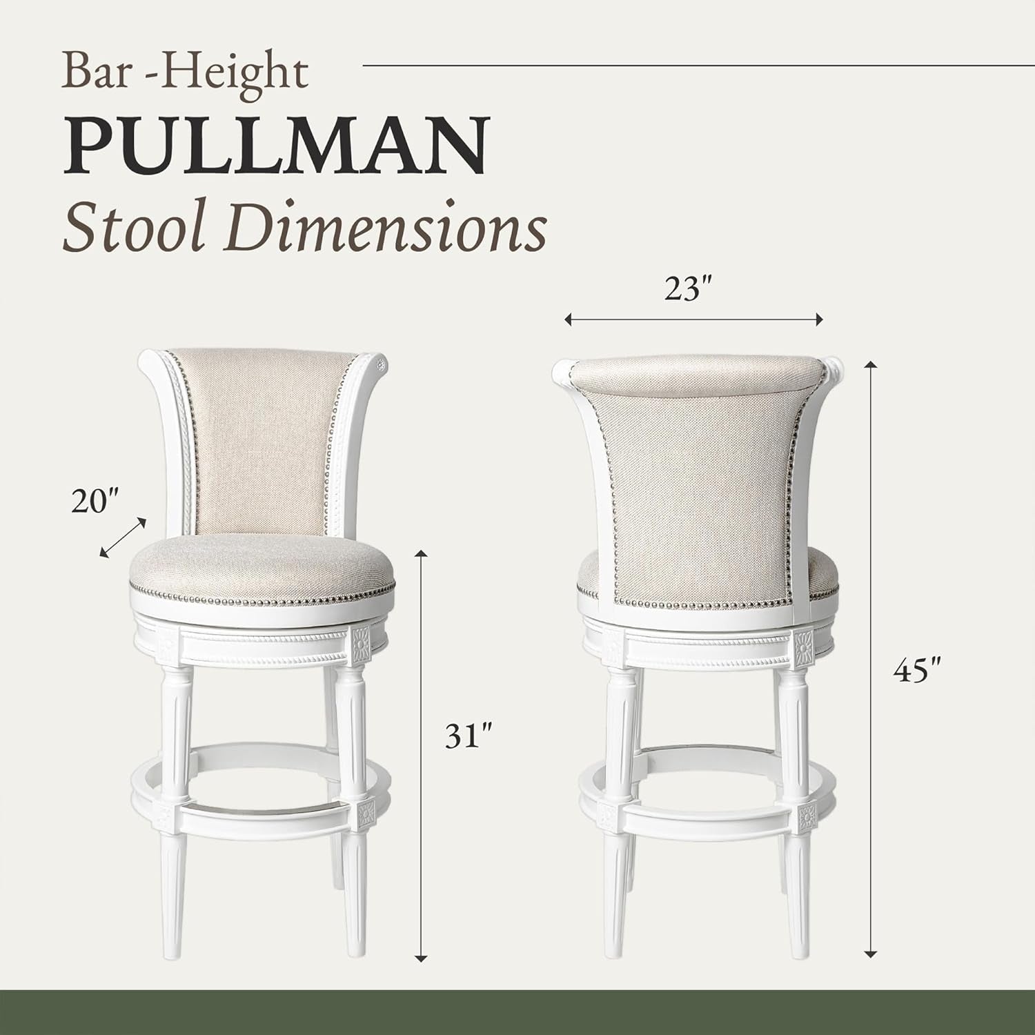 Pullman 31 Inch Tall Bar Height Upholstered Barstool with Back in Alabaster White Finish with Cream Fabric Cushion Seat, Set of 3-2