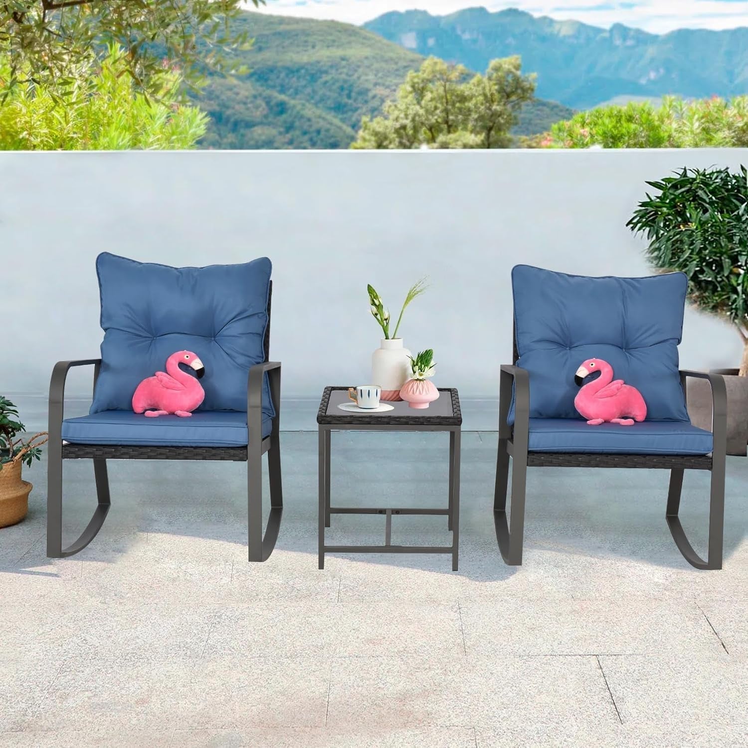 3 Pieces Patio Bistro Set Outdoor Rocking Chair W Cushion for Yard Garden Poolside (Blue)-0