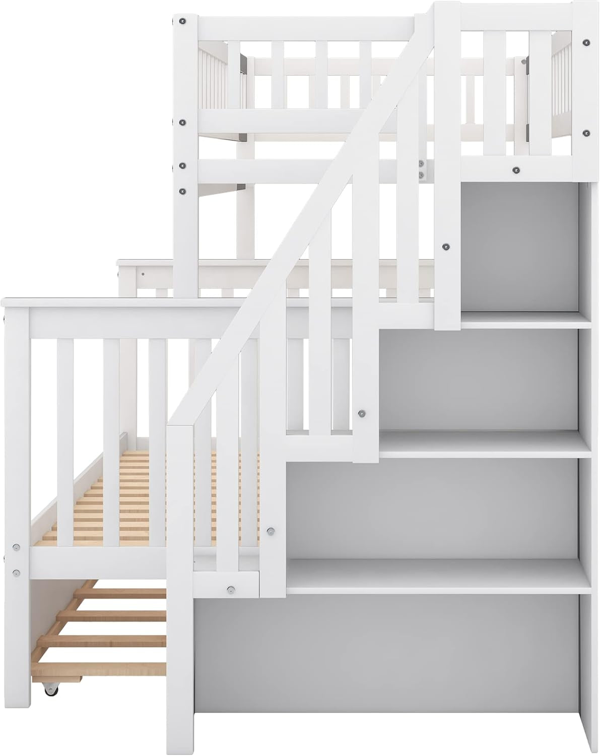 Twin over Full Bunk Beds with Twin Size Trundle & Stairway, Solid Wood Bunk Bed Twin over Full Size with Storage and Guard Rail for Bedroom, Dorm, Kids, Teens,Adults,White-3