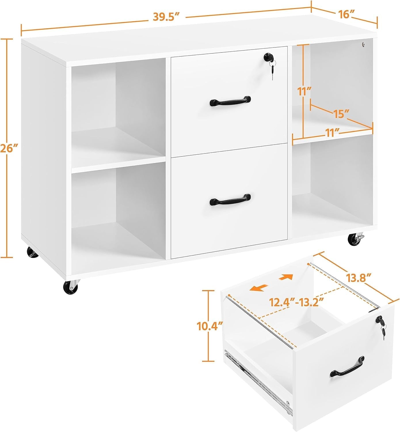 White File Cabinet Mobile Letter Size File Cabinet with 2 Drawers and 4 Open Storage Shelves Large Mobile Lateral Filing Cabinet Printer Stand for Home and Office-2