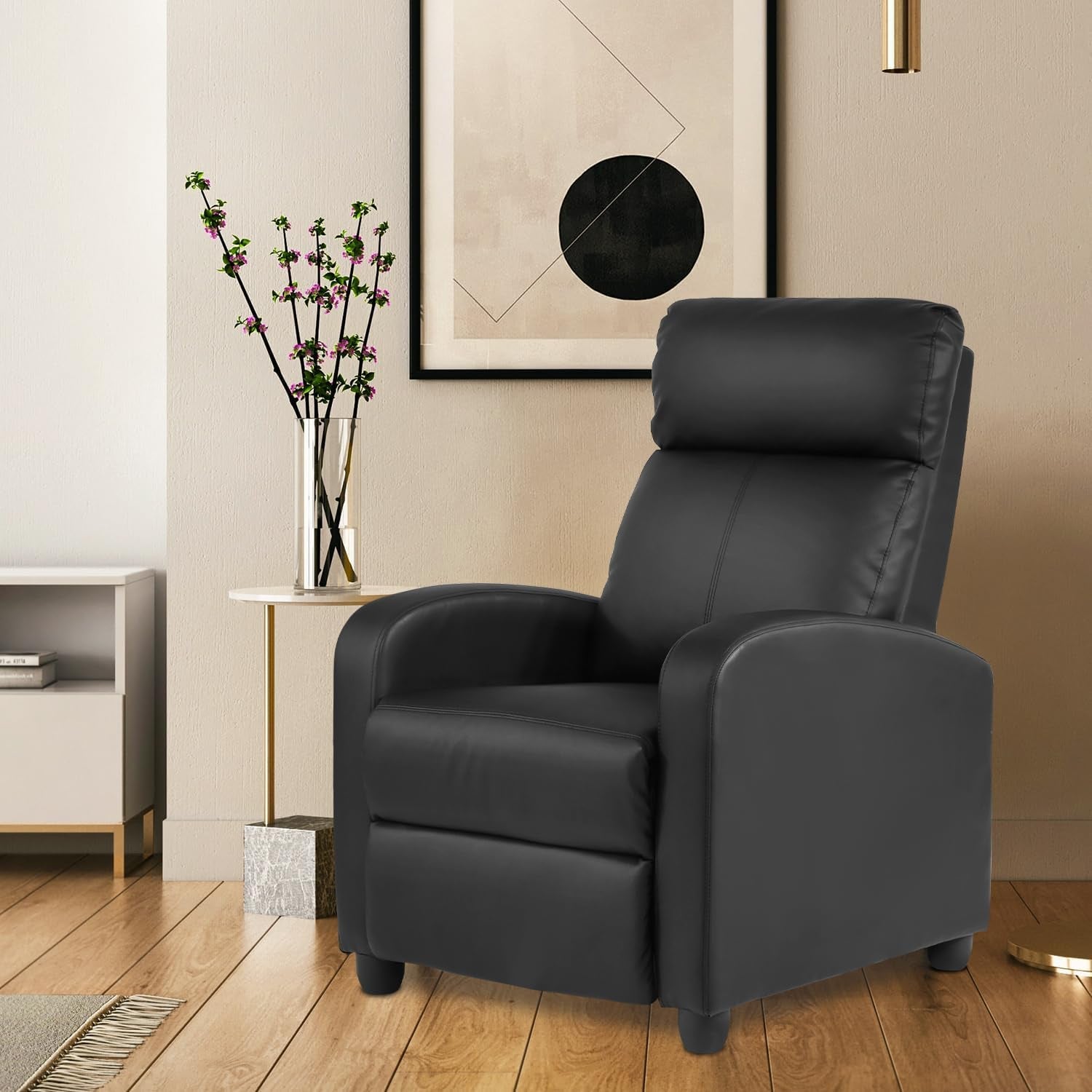 Recliner Chair PU Leather Recliner Sofa Home Theater Seating with Lumbar Support Overstuffed High-Density Sponge Push Back Recliners Armchair for Living Room,Black-1