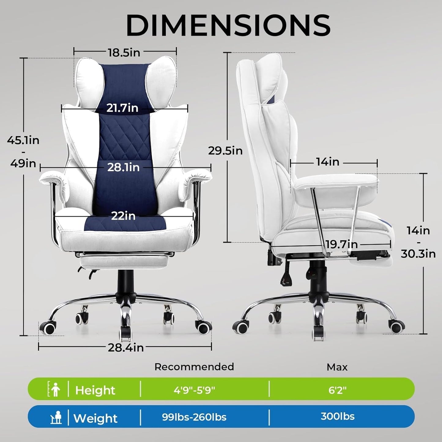 Gaming Chair,Office Chair with Pocket Spring Lumbar Support, Ergonomic Comfortable Wide Office Desk Computer Chair with Outward Fixed Soft Armrests and Footrest (Fabric, Light Blue & White)-2