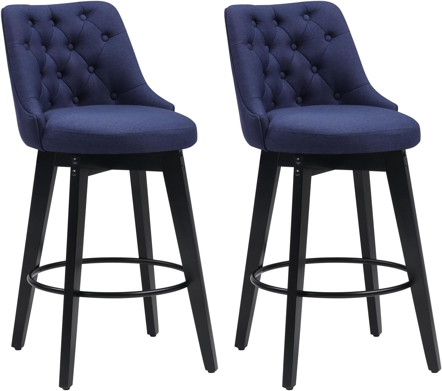 Bar Stools Set of 2, Swivel Barstools with Backs and Wood Legs, 27" Linen Fabric Upholstered Bar Chairs for Kitchen Island, Dining, Cafe, Pub（Blue）-0