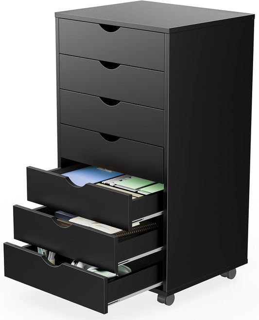 7 Drawer Chest Mobile Storage Cabinets Wooden Dresser with Wheels Room Organization Furniture for Office Home, Black Wood-0