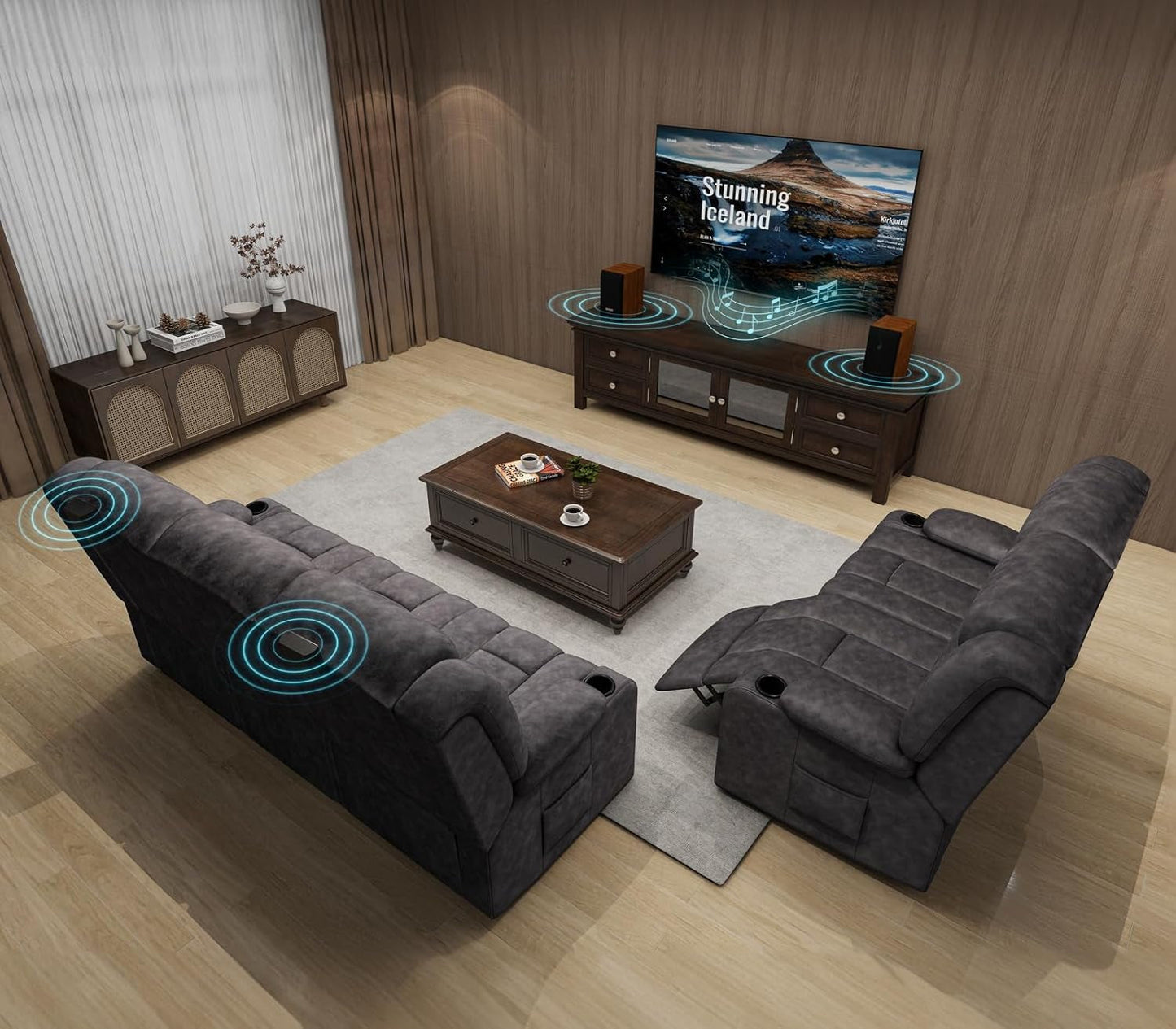 Loveseat Recliner Sofa,Fabric Home Theater Seating Seats,Rv Manual Reclining Chair with Bluetooth Speakers,Living Room Furniture Set-0