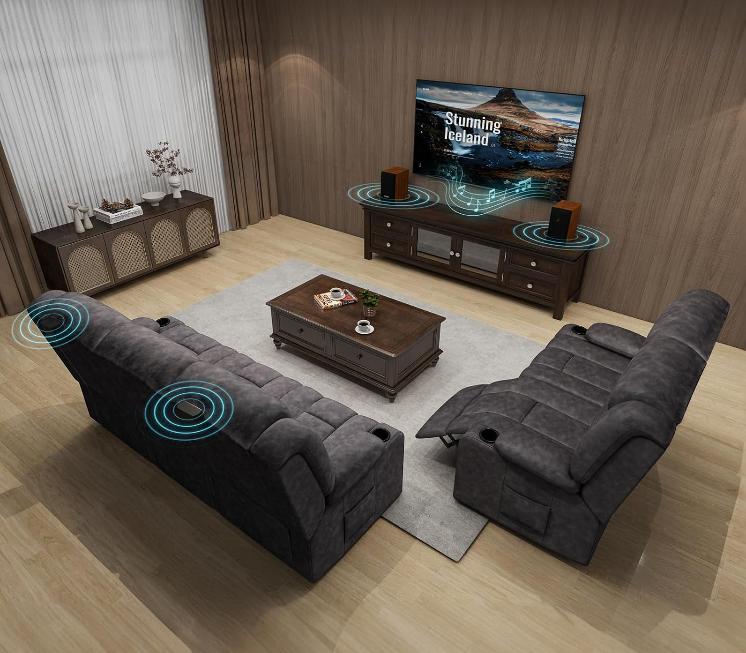 Loveseat Recliner Sofa,Fabric Home Theater Seating Seats,Rv Manual Reclining Chair with Bluetooth Speakers,Living Room Furniture Set-0