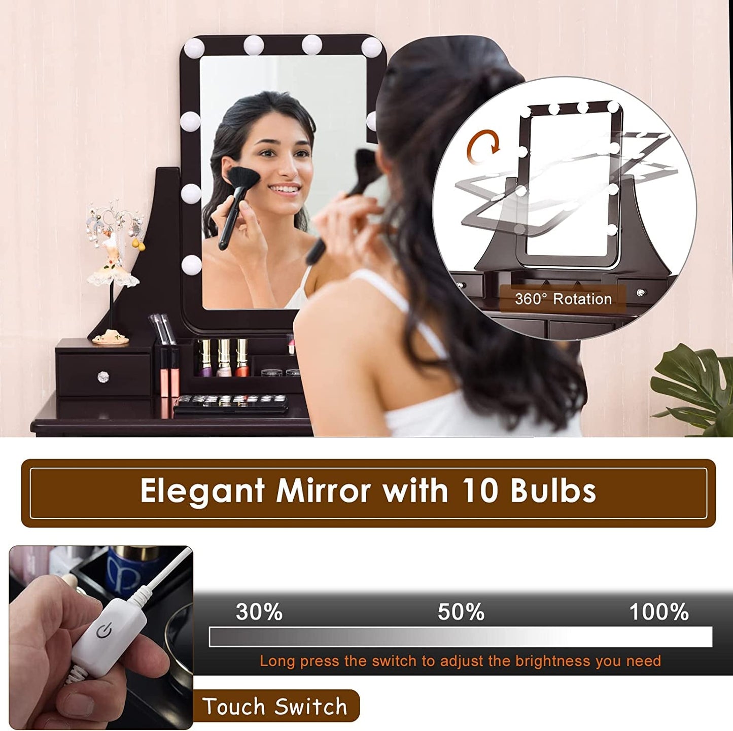 Brown Vanity Set with 10 LED Lights-2