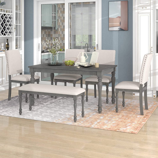 French Style 6-Piece Dining Table Set with Bench, Gray-0