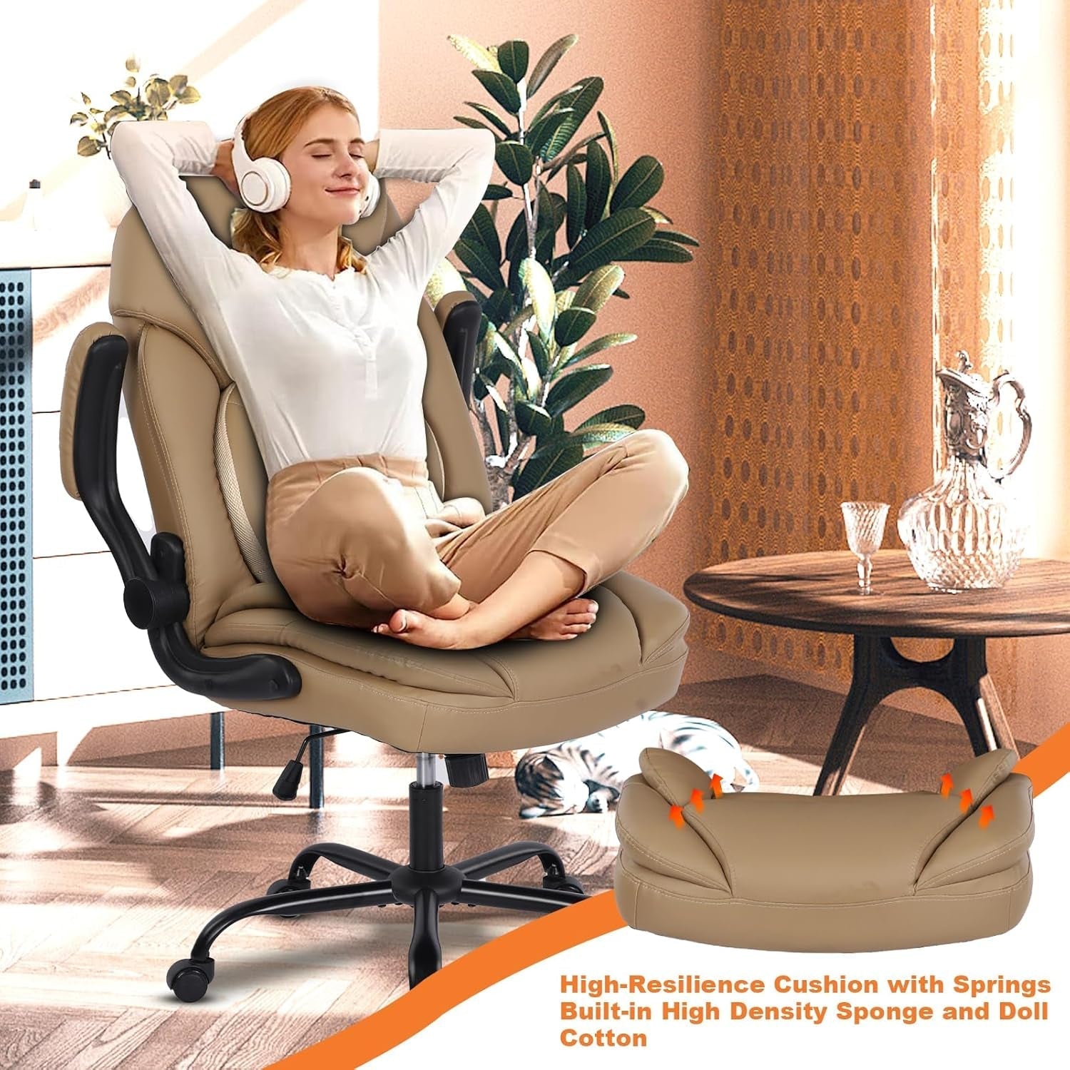 Modern Executive Office Chairs with Lumbar Support, 90-120° Rocking Managerial Chair Ergonomic PU Leather Home Office Desk Chairs with Wheels, Flip-Up Arms & Back Support (Khaki)-3