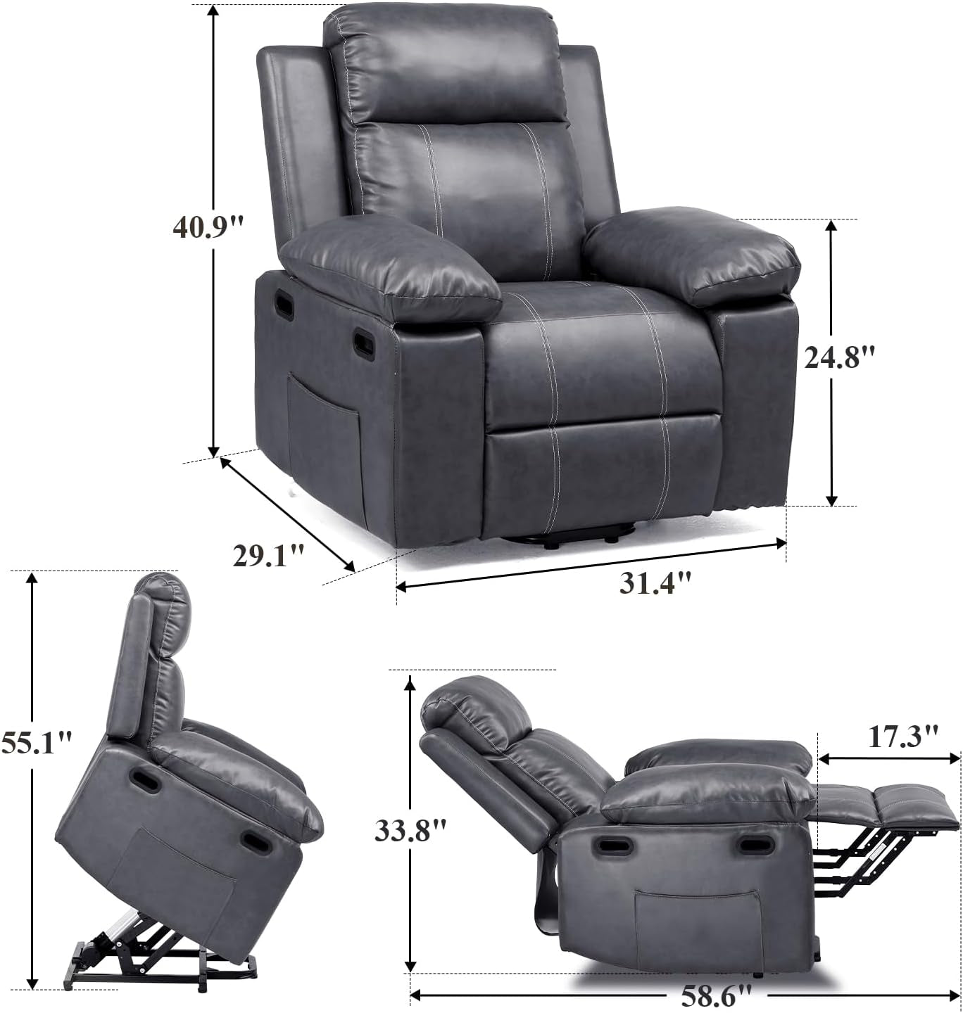Lift Recliner Chairs for Elderly, Power Lift Chair with Heat and Massage, Leather Sofa Living Room Chair, Infinite Position, 2 Side Pockets (Grey)-2