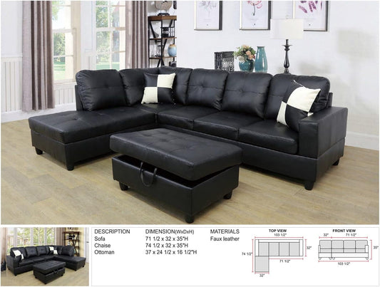 Sectional Sofa Faux Leather Modern L Shaped Couch Set 103.5”Wide Including Chaise and 3 Seating Sofa with Storage Ottoman for Living Room Furniture (Right Hand Facing, B-Black)-1