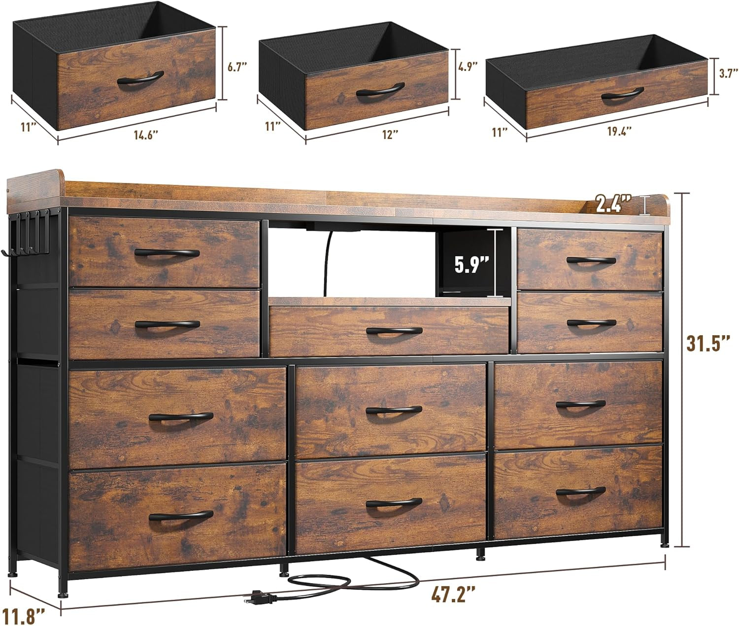 Dresser for Bedroom with 11 Drawers for 60" TV Stand for Bedroom with LED Lights & Charging Station Long Dresser with Shelves & 4 Hooks Sturdy Metal Frame & Fabric Drawers (Rustic Brown)-2