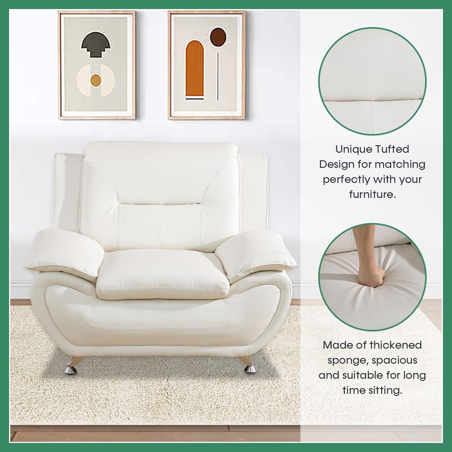 Leather Sofa Set,Leather Sofa Set for Living Room Furniture Sets, Loveseat Sofa with Chair 3-Piece for Living Room/Office/Apartment(White)-3