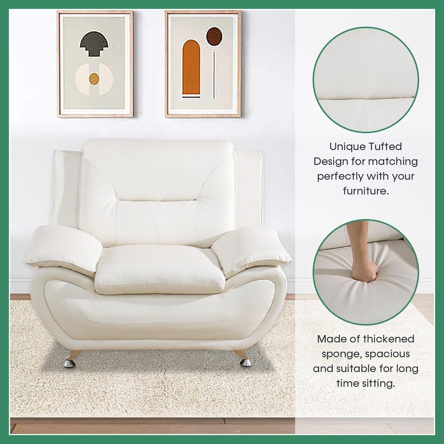 Leather Sofa Set,Leather Sofa Set for Living Room Furniture Sets, Loveseat Sofa with Chair 3-Piece for Living Room/Office/Apartment(White)-3