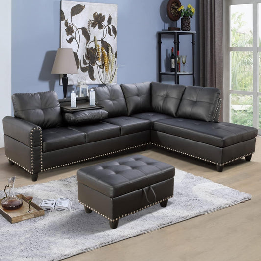Sectional Couches for Living Room Furniture Sets,L-Shaped Couch W/Cup Holders,Faux Leather Nailhead Trim Sofas with Storage Ottoman and Chaise Lounge for Small Space Apartment-Gray-0