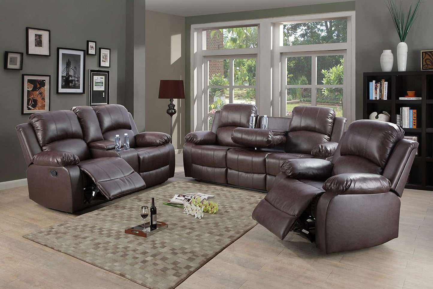 Brown Faux Leather Reclining Living Room Set-0