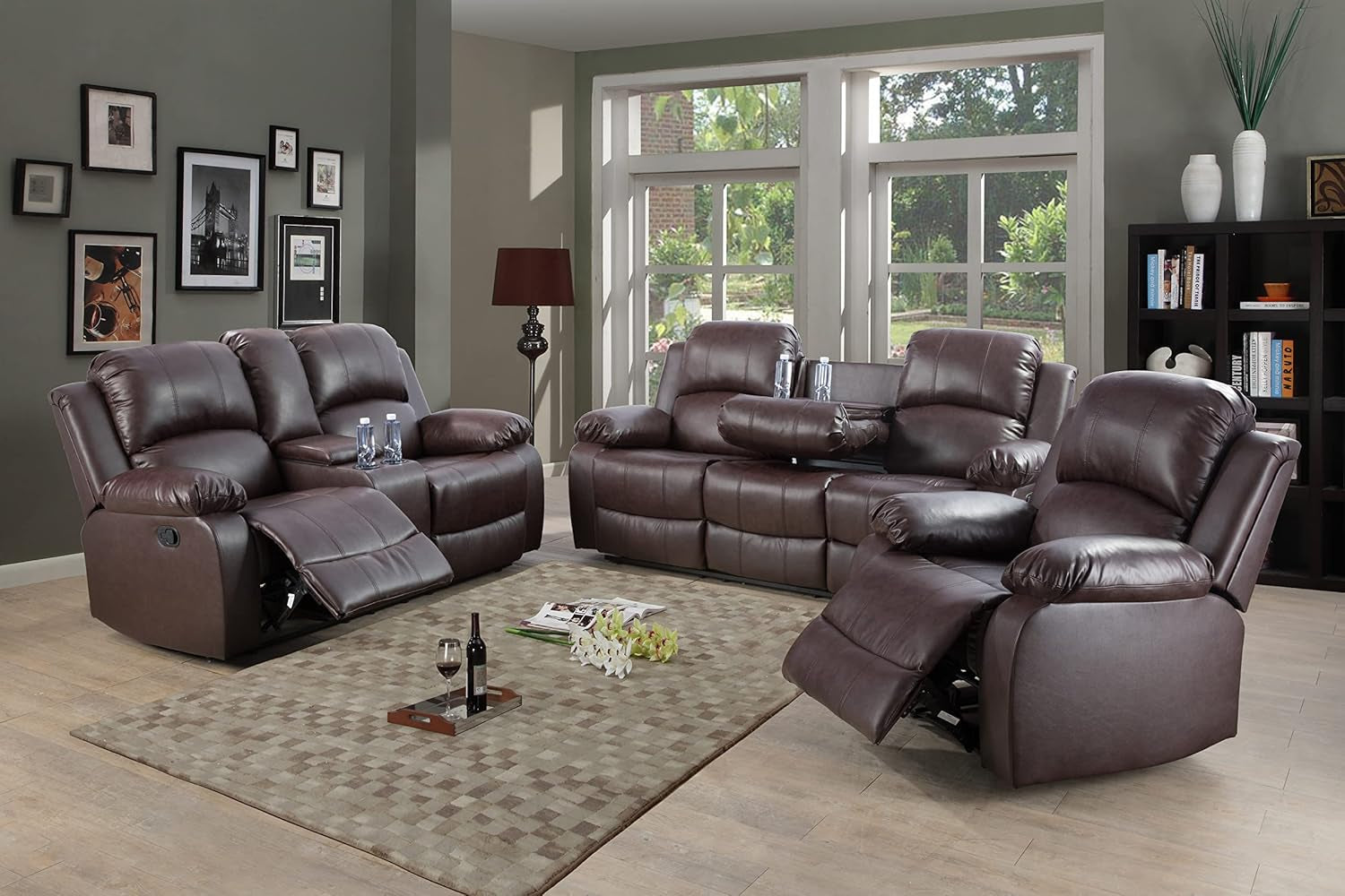 Brown Faux Leather Reclining Living Room Set-0