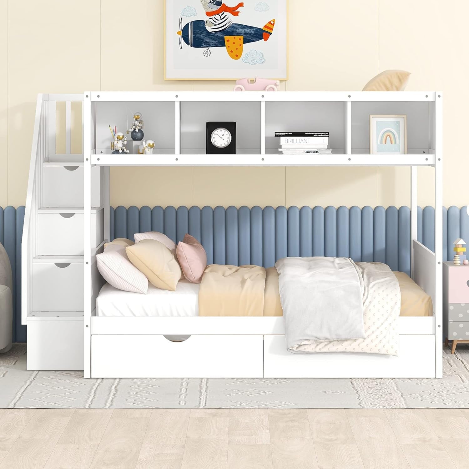 Twin over Full Bunk Bed with Storage Shelves, Stairs, Solid Wood Staiway Bunk Bed Frame with 2 Drawers, for Kids Teens Adults (White)-0
