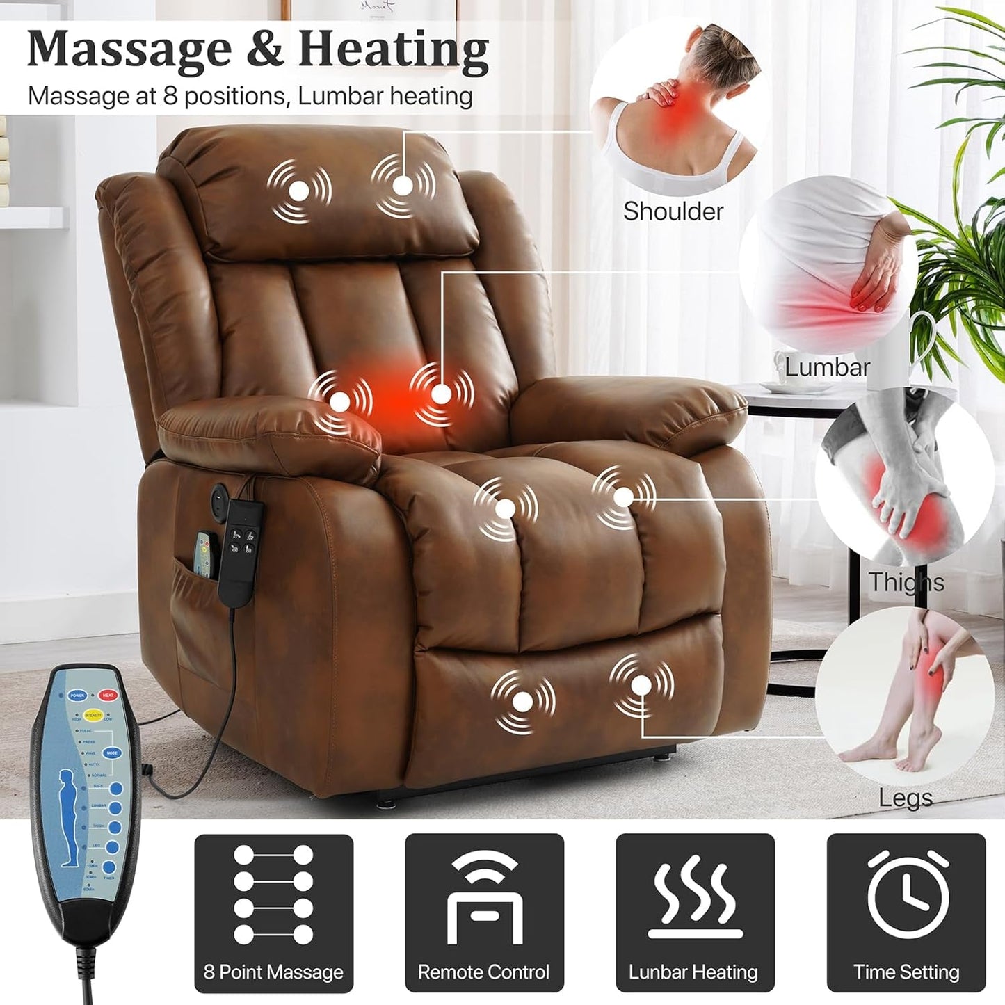 Dual Motor Large Power Lift Recliner Chair Recliners for Elderly, Infinite Position Recliner Chair with Heat and Massage, Breathable Leather(Ochre)-2