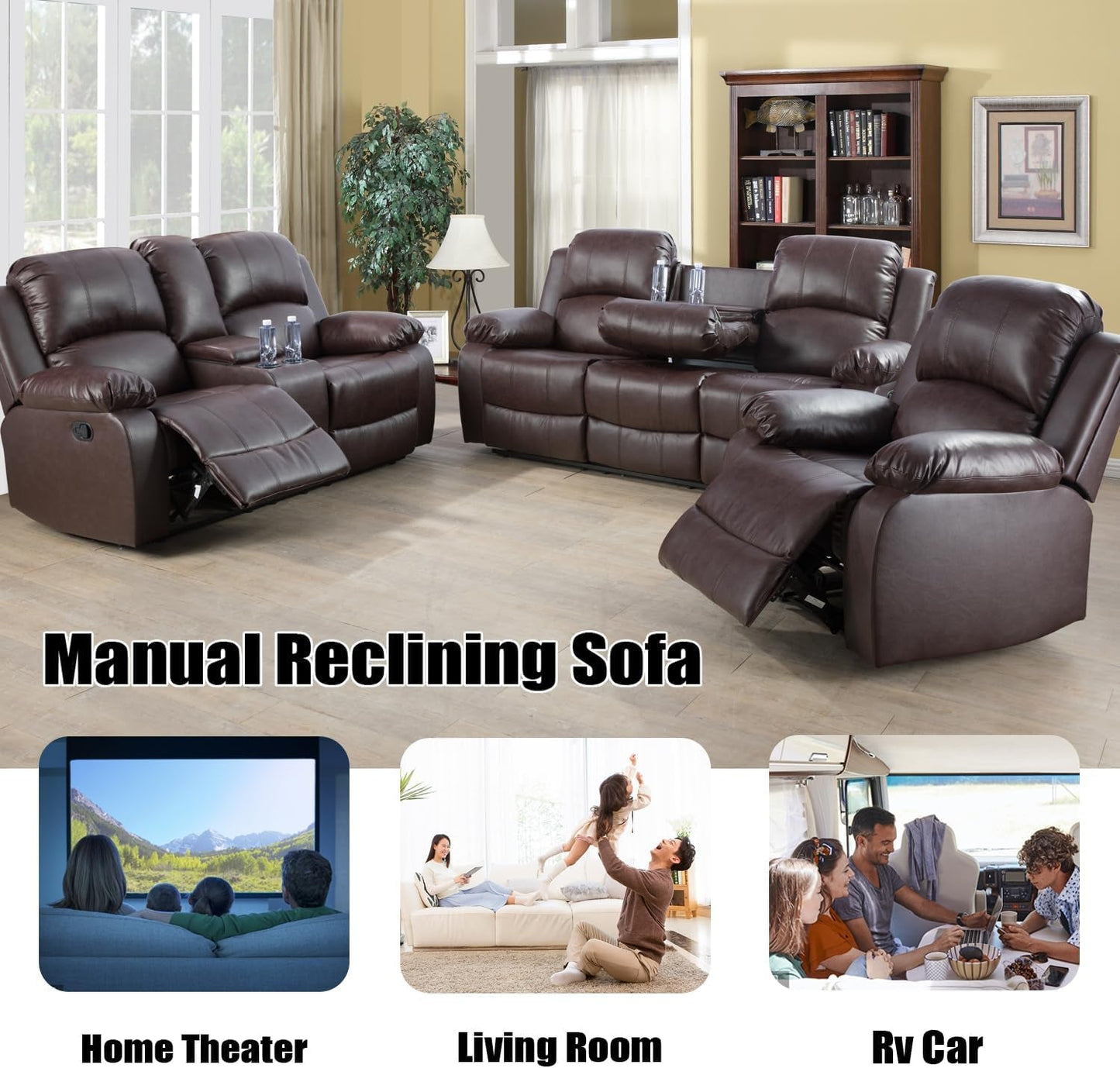 Brown Faux Leather Reclining Living Room Set-4
