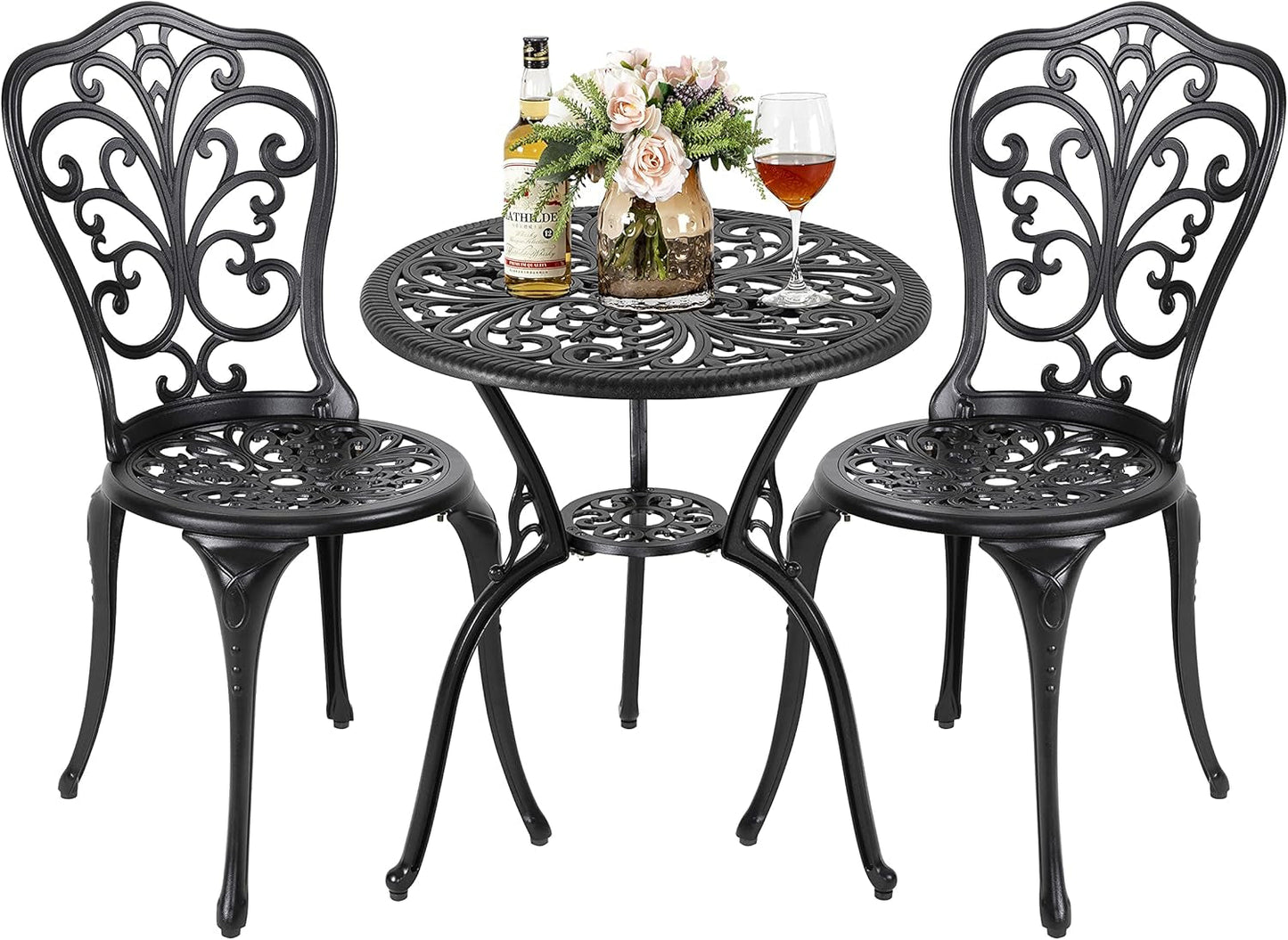 3 Piece Outdoor Bistro Table Set, All Weather Cast Aluminum Patio Bistro Sets Patio Table and Chairs Set of 2 with Umbrella Hole for Yard, Garden, Balcony, Black-0