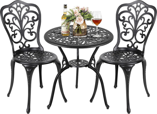 3 Piece Outdoor Bistro Table Set, All Weather Cast Aluminum Patio Bistro Sets Patio Table and Chairs Set of 2 with Umbrella Hole for Yard, Garden, Balcony, Black-0