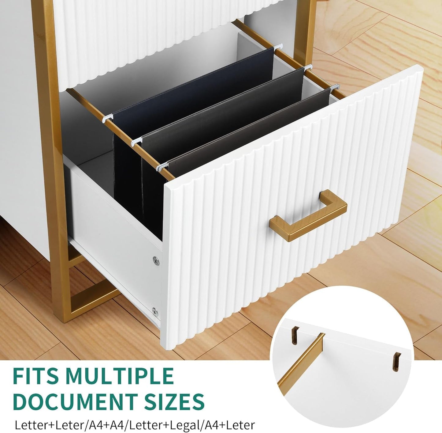2 Drawer File Cabinet, Lateral Filing Cabinet for Home Office, White and Gold-3