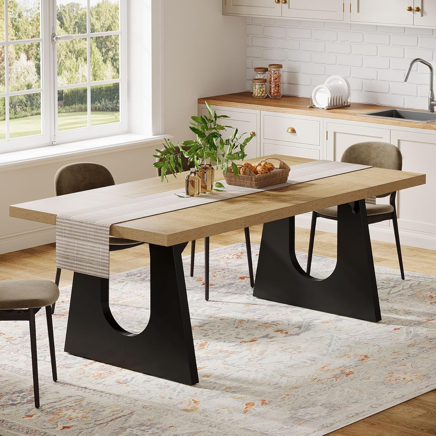 Large Dining Table for 6-8 People, 70.9-Inch Wood Rustic Rectangular Table with Black Wooden Legs, Farmhouse Center Kitchen Table for Dining Room, Living Room, Home Furniture, Oak and Black-4