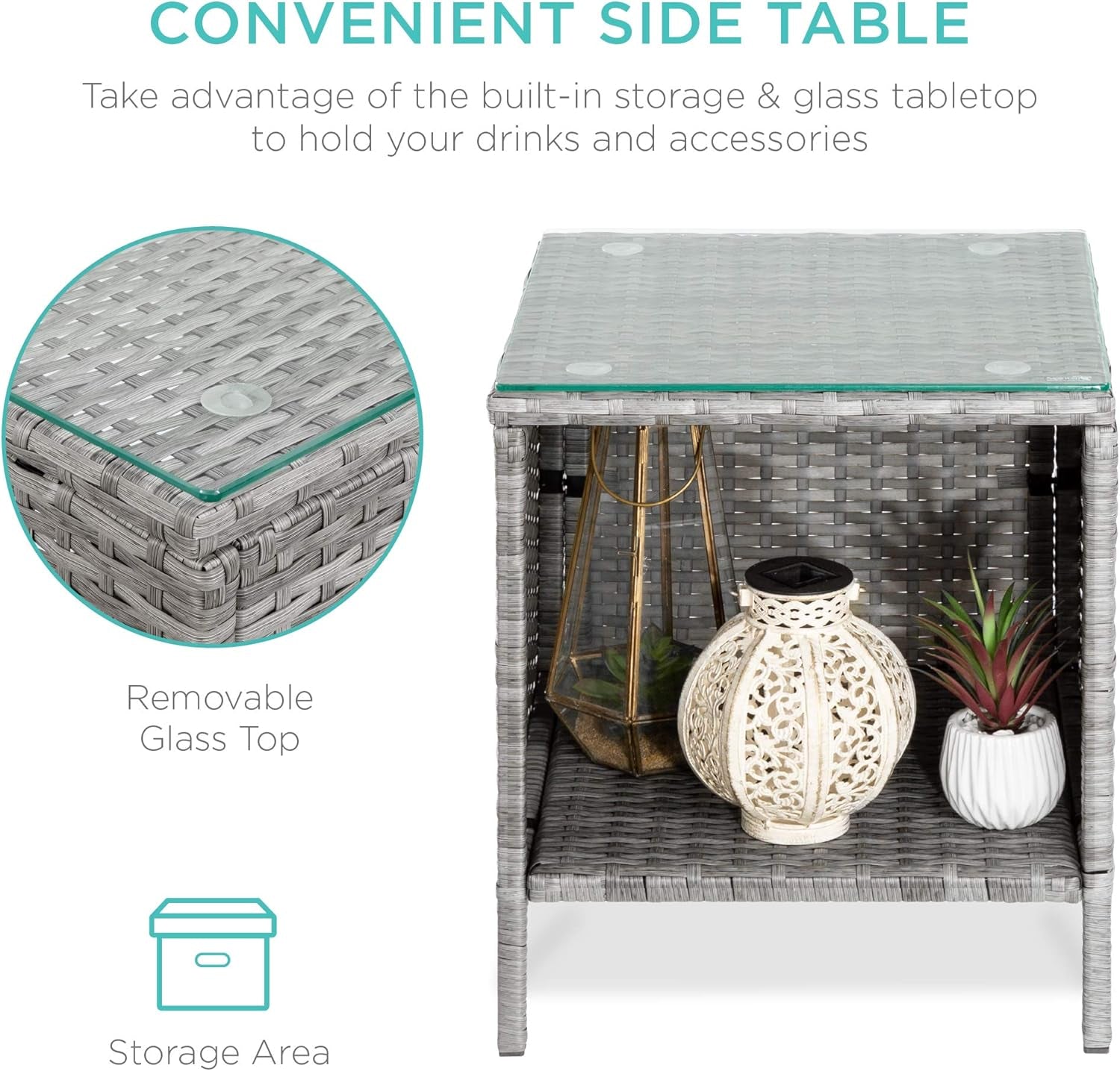 3-Piece Outdoor Wicker Conversation Bistro Set, Space Saving Patio Furniture for Garden W/Side Table - Gray/Navy-2