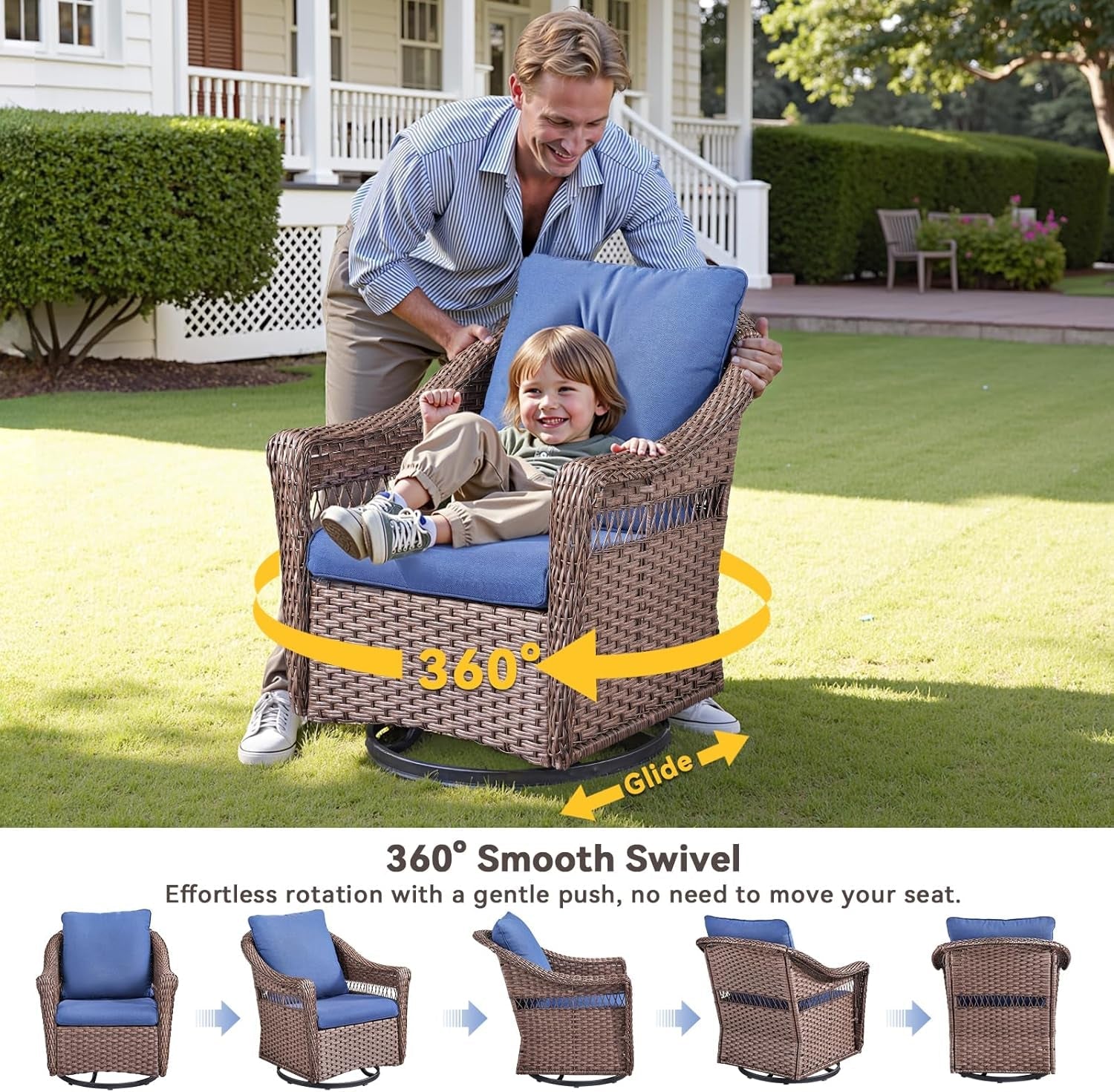 Patio Furniture Set, 5 Pieces Outdoor Conversation Set, All Weather Wicker Patio Furniture W/ Swivel Glider Rocking Chair, Ottoman, 3-Seat Couch & Comfy Cushions for Backyard, Deck, Poolside, Porch-2
