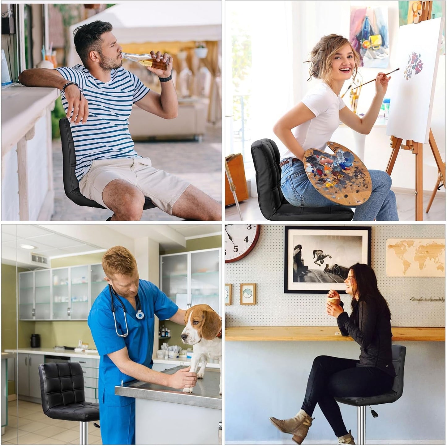 Set of 4 Adjustable Swivel Barstools, Modern PU Leather Kitchen Counter Bar Stools, Square Back Bar Stool-3