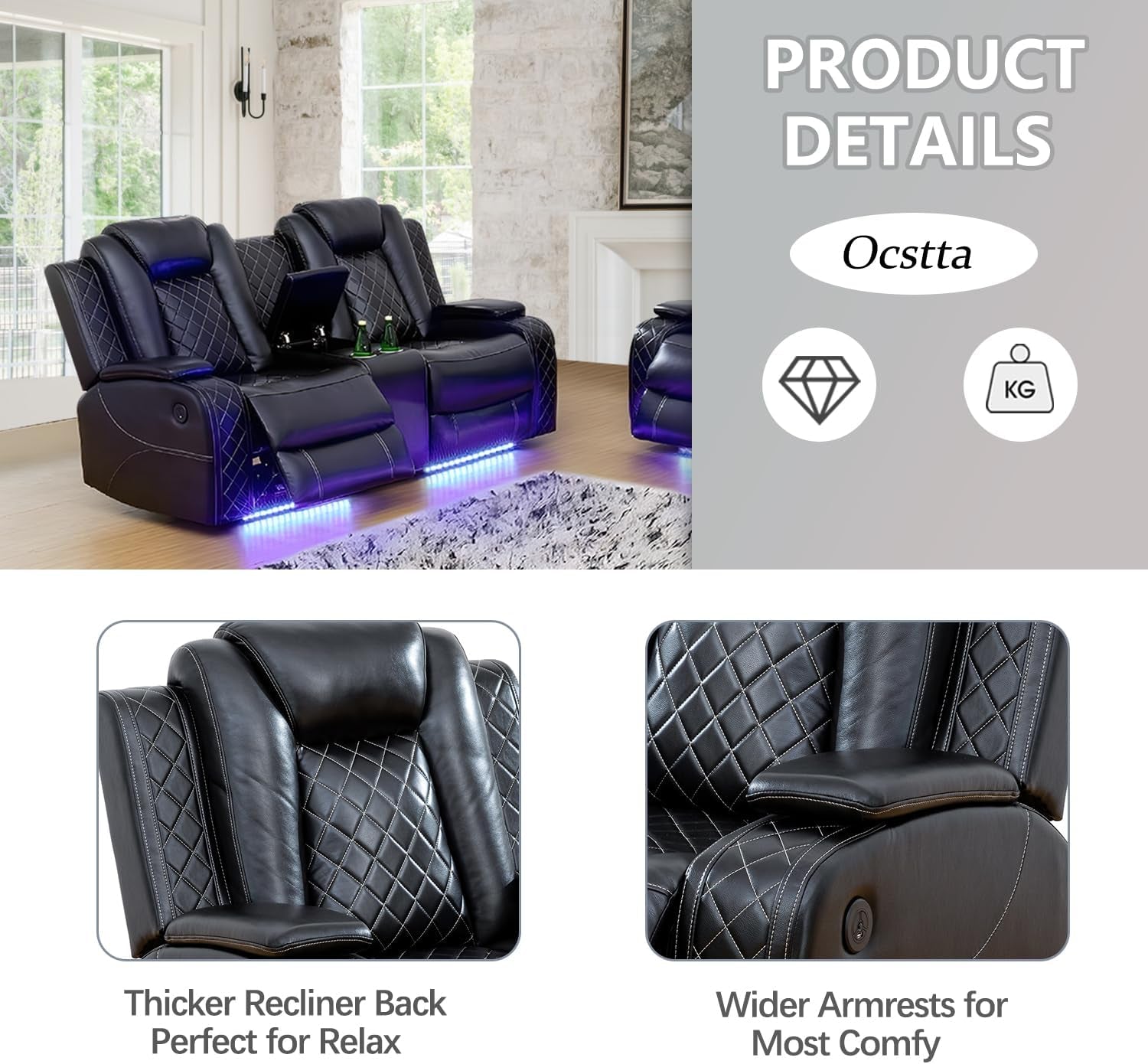 Power Leather Recliner Sofa Set with LED Lights,Living Room Furniture Set, Breathing Leather Sofa Couch with USB Port/Storage Console/Cup Holders (3 Pieces Reclining Sofa Set, Black)-1