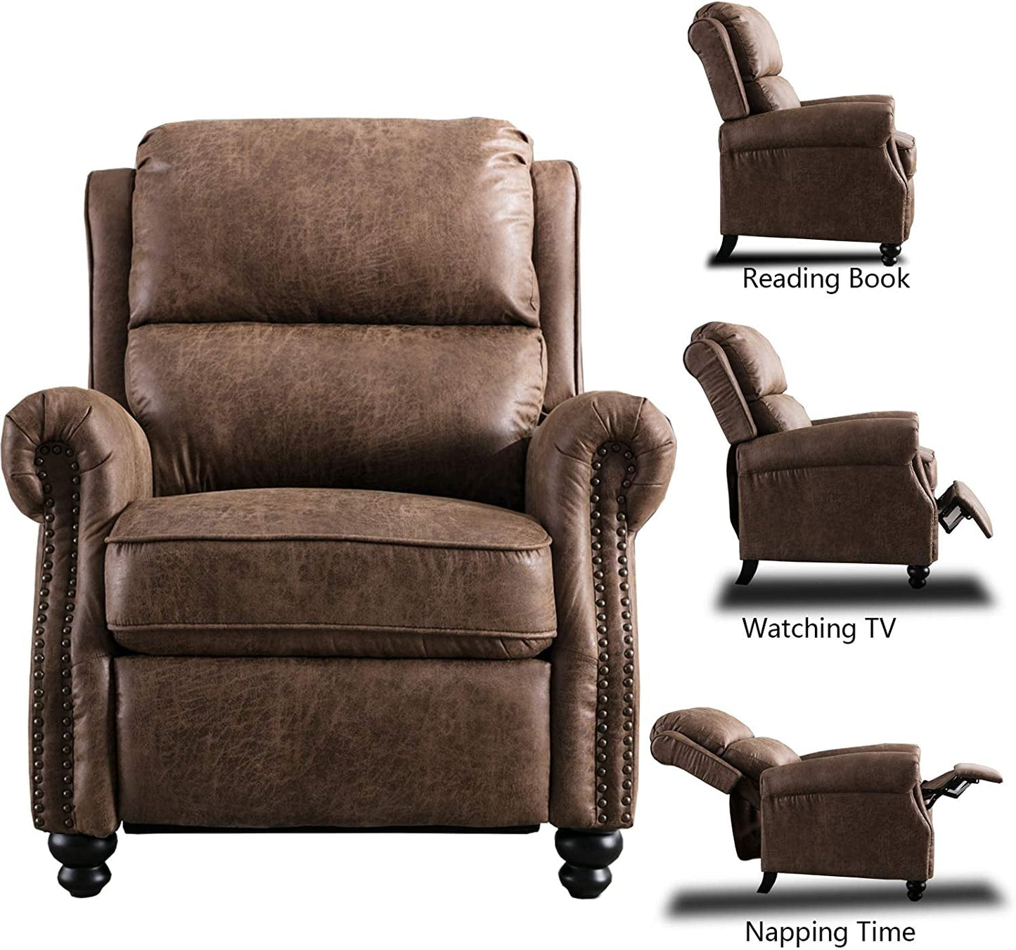 Pushback Recliner Chair, Leather, Rivet Decoration, Chocolate-2