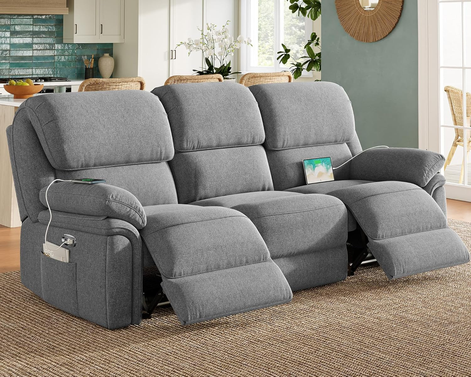 Power Recliner Sofa, Home Theater Seating Seats with Type-C Charging Ports, Electric Reclining Sofa for Living Room, Home Theater, Grey Chenille-0