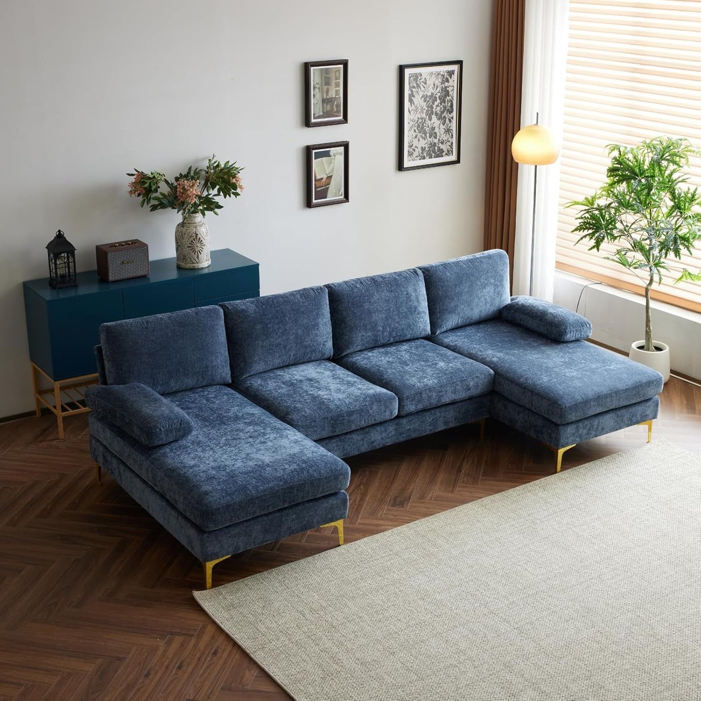 Convertible Sectional Sofa 110" U-Shape Sofa Couch 4-Seat Couch with Chaise Chenillefabric Upholstered for Living Room, Apartment, Office, Grey-Blue-0