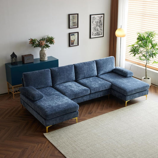 Convertible Sectional Sofa 110" U-Shape Sofa Couch 4-Seat Couch with Chaise Chenillefabric Upholstered for Living Room, Apartment, Office, Grey-Blue-0