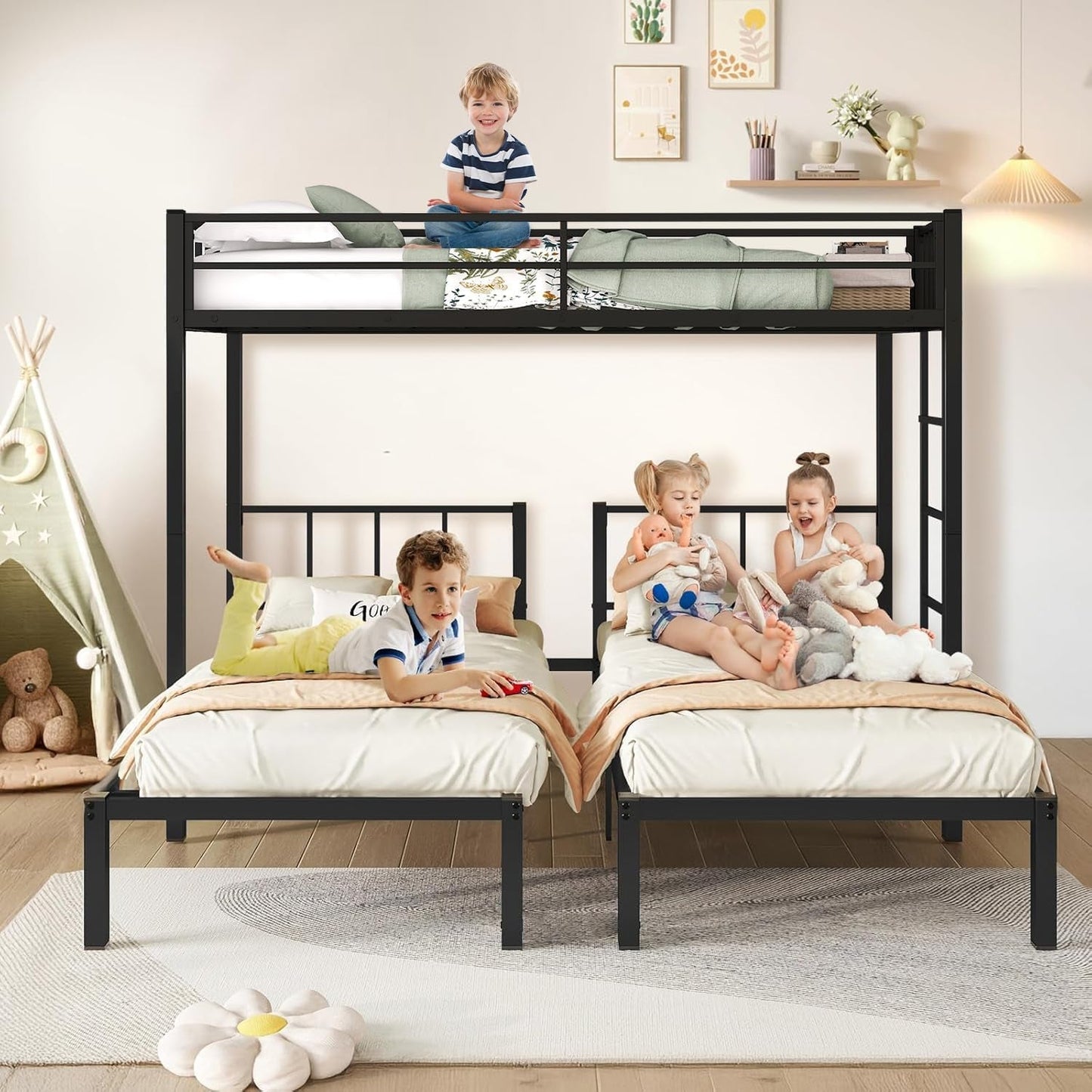 Twin over Twin & Bunk Beds for 3, Triple Bunk Bed for 3 with Guardrails, Ladder & Upper-Bed Platform, for Children, Teens, Adults, No Box Spring Needed (Detachable Triple Bunk Bed)-2