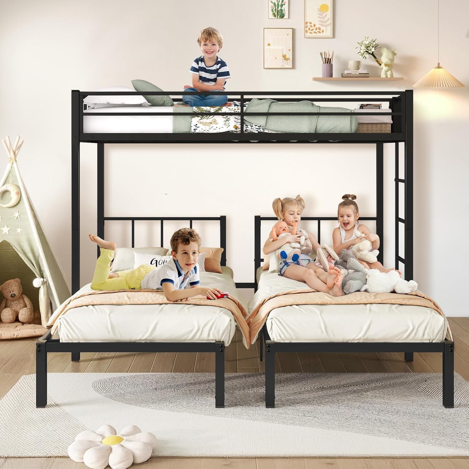 Twin over Twin & Bunk Beds for 3, Triple Bunk Bed for 3 with Guardrails, Ladder & Upper-Bed Platform, for Children, Teens, Adults, No Box Spring Needed (Detachable Triple Bunk Bed)-2