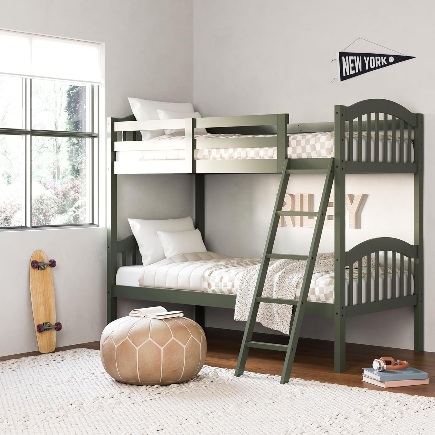 Long Horn Twin-Over-Twin Bunk Bed (Olive) - GREENGUARD Gold Certified, Converts to 2 Individual Twin Beds-1