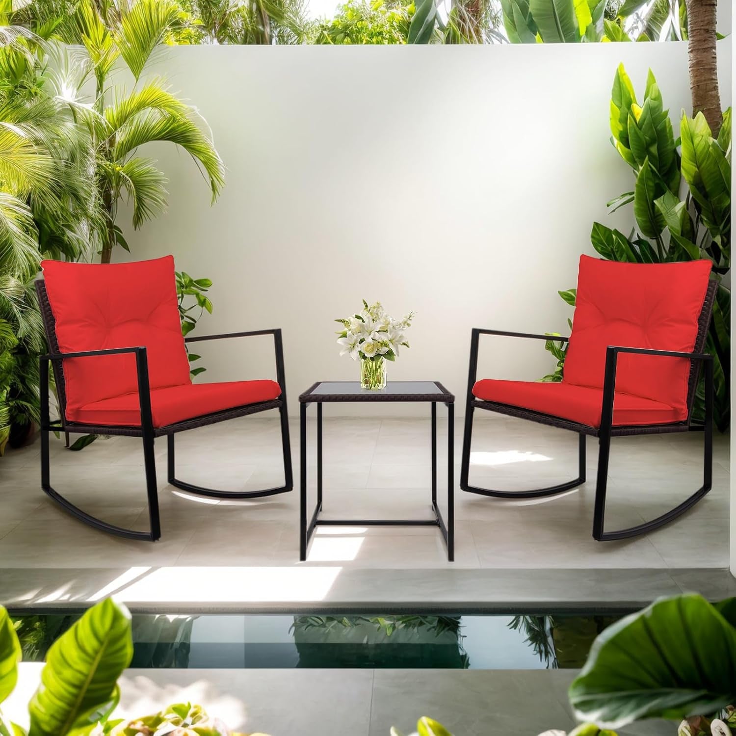Patio 3 Piece Rocking Chairs Bistro Set with Cushions Wicker Rattan Conversation Set with Glass Coffee Table (Red Cushion + Brown Rattan)-0