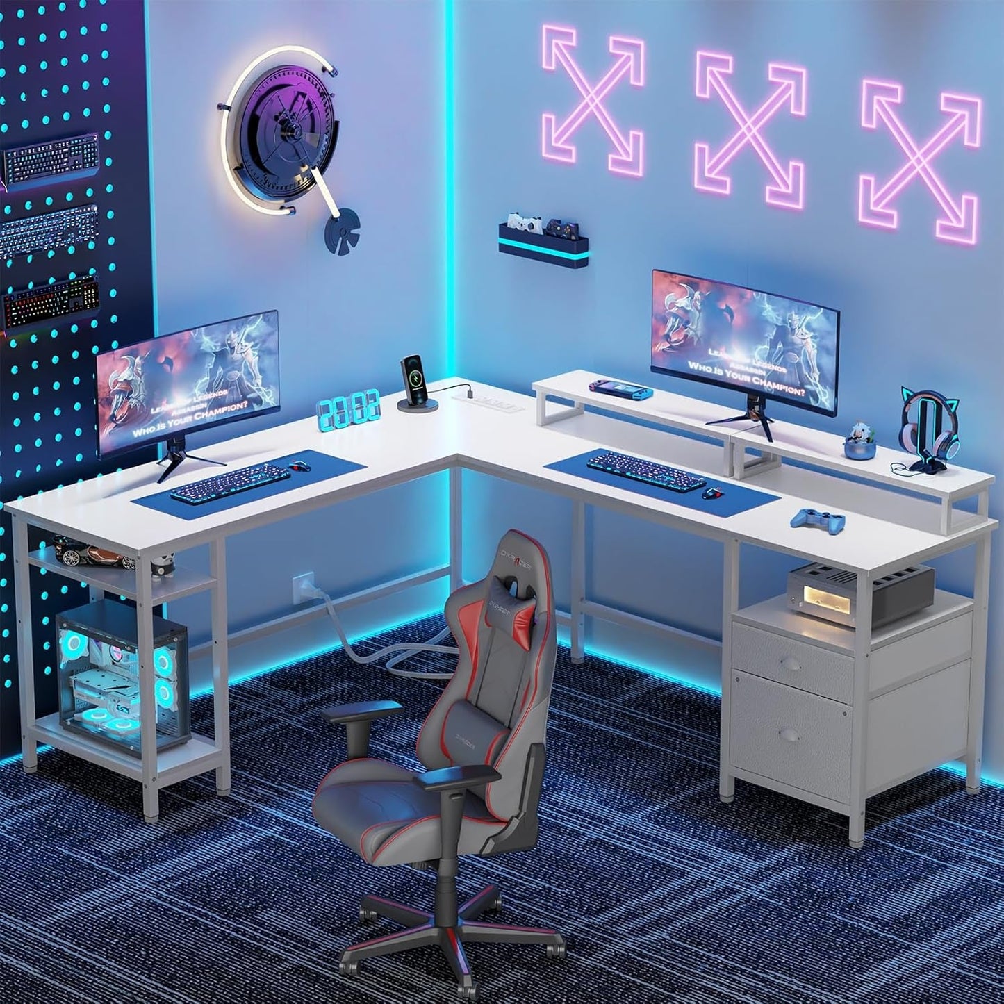 66” L Shaped Desk with Power Outlet, Reversible Computer Gaming Desk with File Drawer & 2 Monitor Stands for Home Office with Storage Shelves, White-1