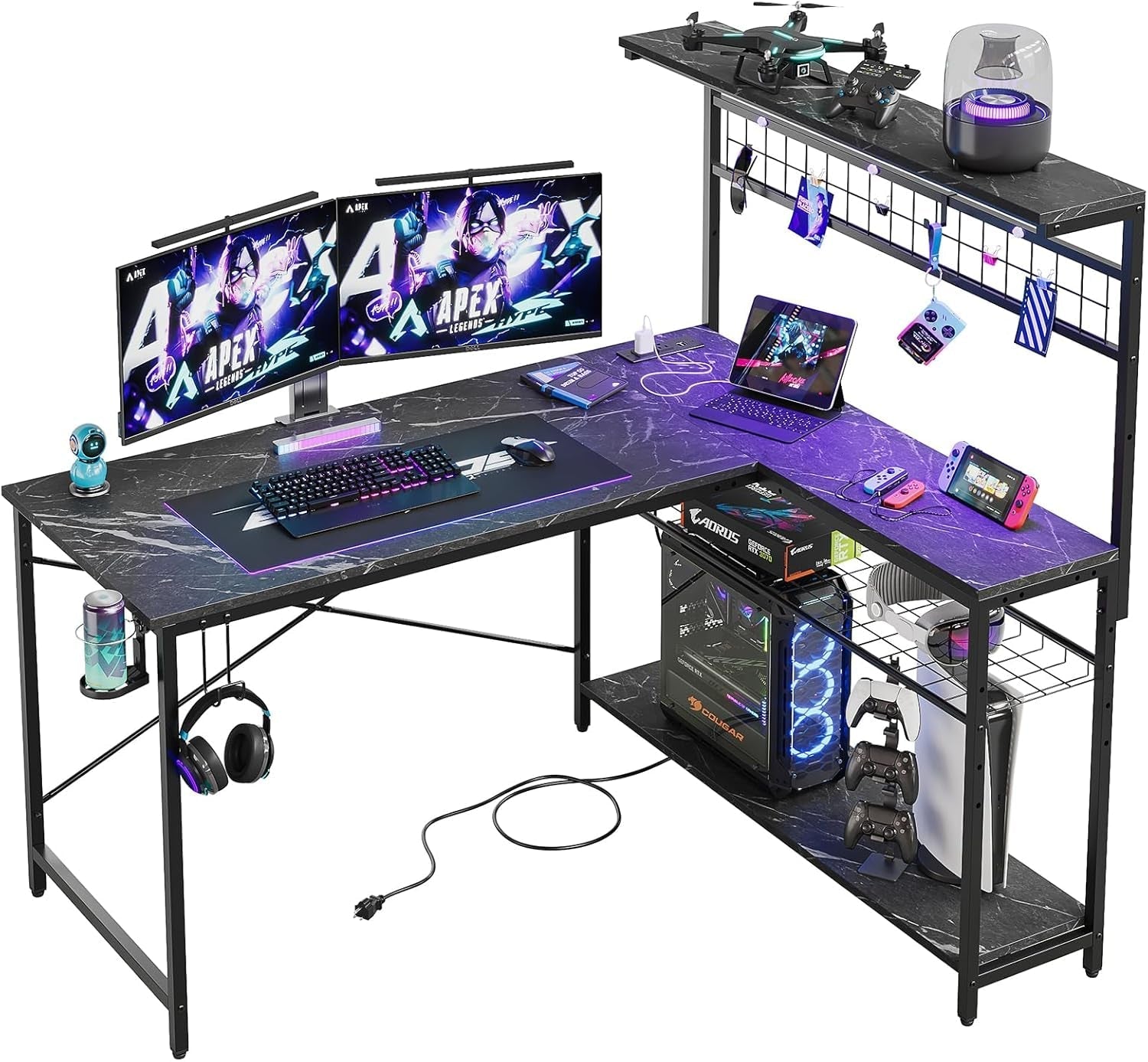 Gaming Desk 51" L-Shaped, with Power Outlets & LED Lights- 4 Tier Shelves, Reversible Gamer Table with Hooks & Cup Holder for Home Office Black Marble-0