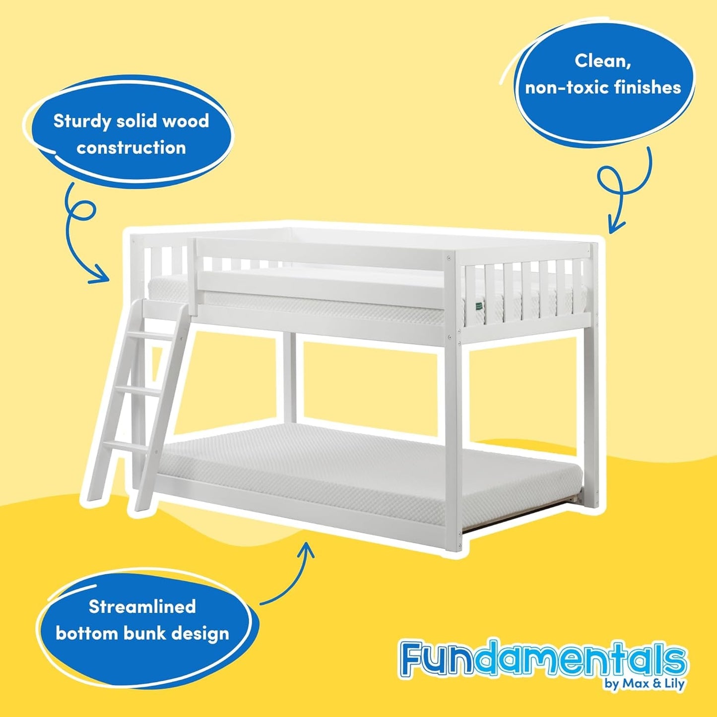Fundamental Twin Low Bunk Bed, Kids Solid Wood Modern Bed Frame with Strong Wooden Slats, Non-Toxic Finishes, High Weight Capacity, White-2